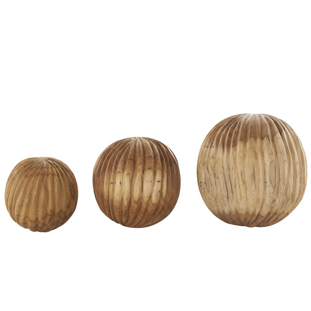 Teak Wood Handmade Carved Orbs & Vase Filler with Ridges - Set of 3 Brown or Black - Roche River Decor