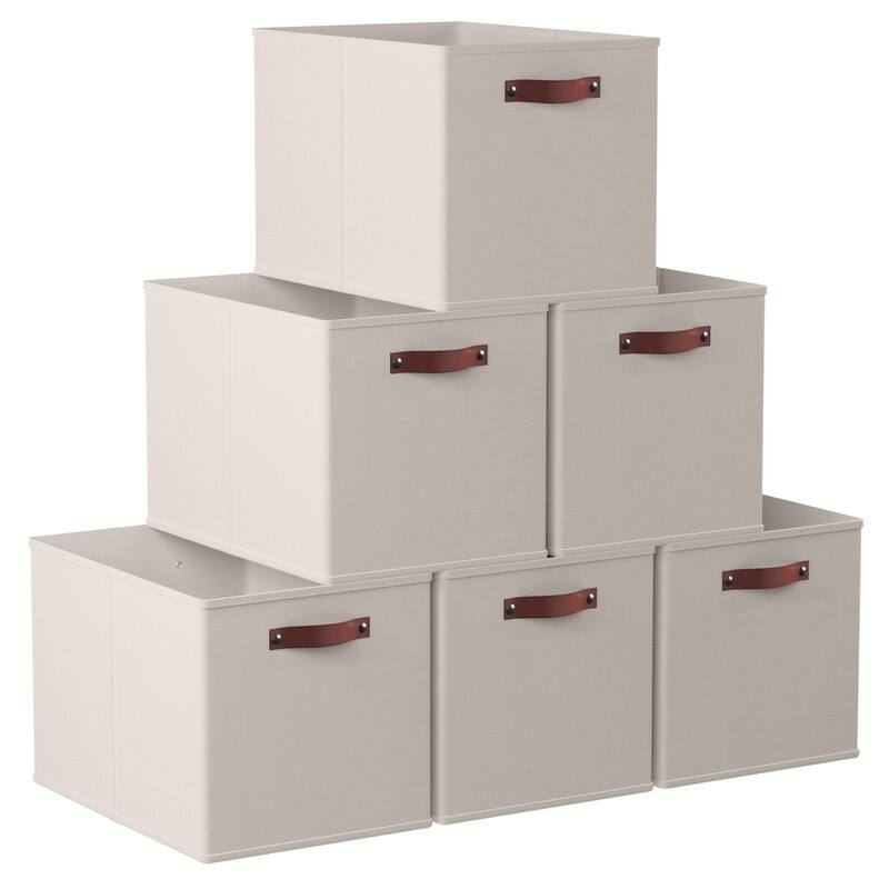 Foldable Collapsible Storage Box Bins Linen Fabric Shelf Basket Cube Organizer with Leather Handles - Set of 6 - 13" x 15" x 13" - Beige