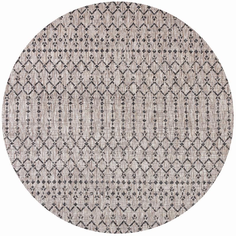 JONATHAN Y Trebol Moroccan Geometric Textured Weave Indoor/Outdoor Area Rug - 5'3" Round - Light Gray/Black