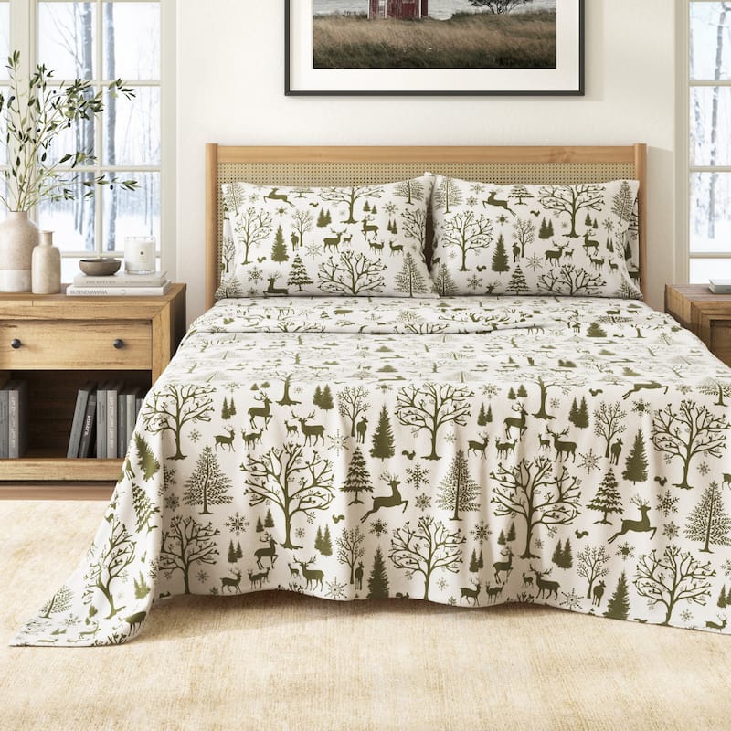 Linery & Co. Winter Turkish Cotton Double-Brushed Flannel Bed Sheet Set - California King - Olive Branch Enchanted Woods