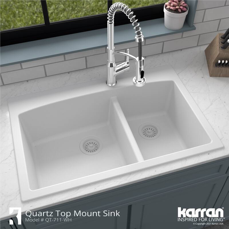 Karran Drop-In Quartz 33 in. 1-Hole 60/40 Double Bowl Kitchen Sink Kit