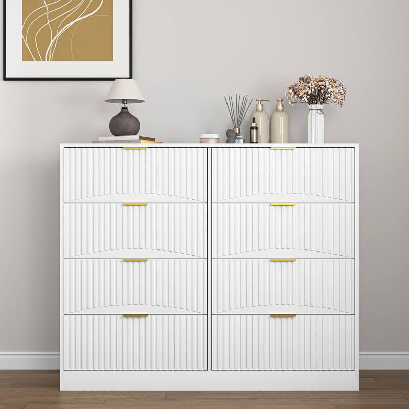 Modern 8-Drawer Dresser, 47.2" Wide Wood Chest of Drawers with Gold Metal Handles for Bedroom & Living Room - White