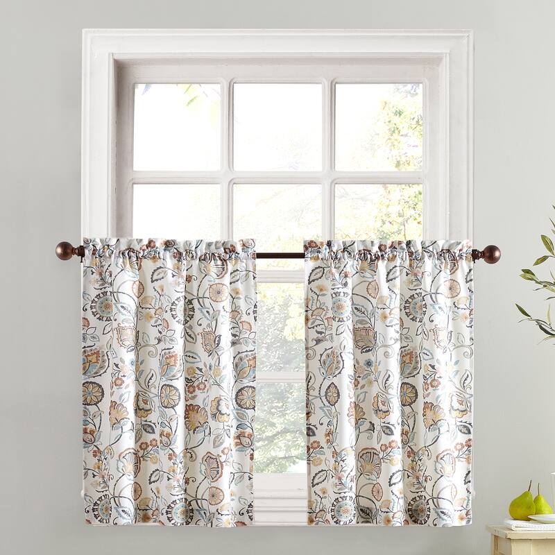 No. 918 Signy Jacobean Pattern Light Filtering Rod Pocket Kitchen Curtain Tier Pair - 54" x 36" - White