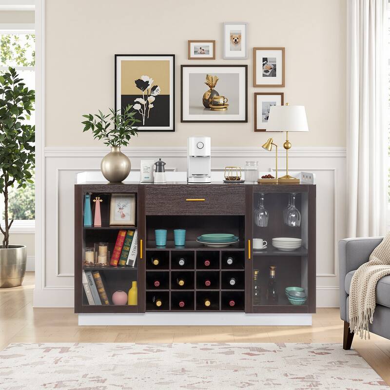 Stylish Sideboard with Wine Rack Glass Doors and Storage Drawer for Dining Room - 55.12" x 15.75" x 35.43"