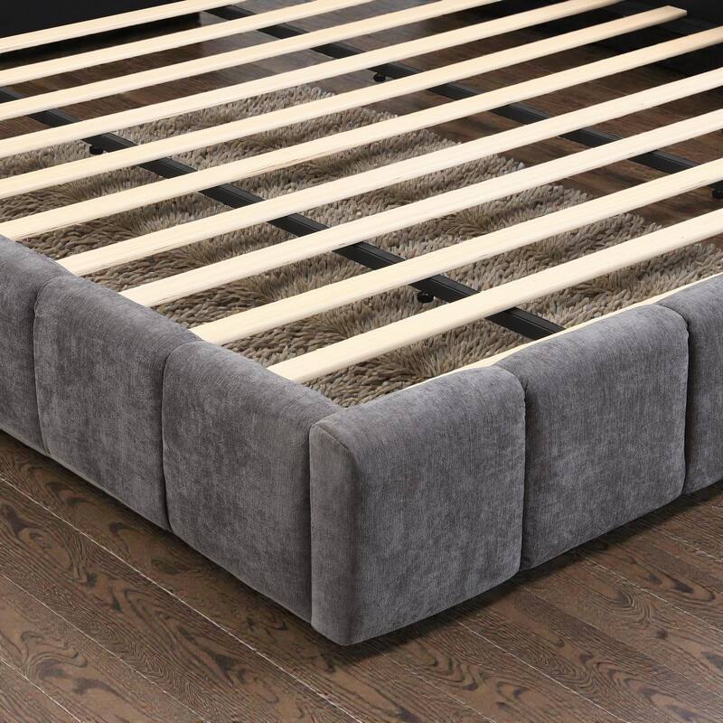 Chenille Upholstered Queen/King Bed with Checkerboard Headboard, Soft Fabric Platform Bed Frame, Modern Elegant Design