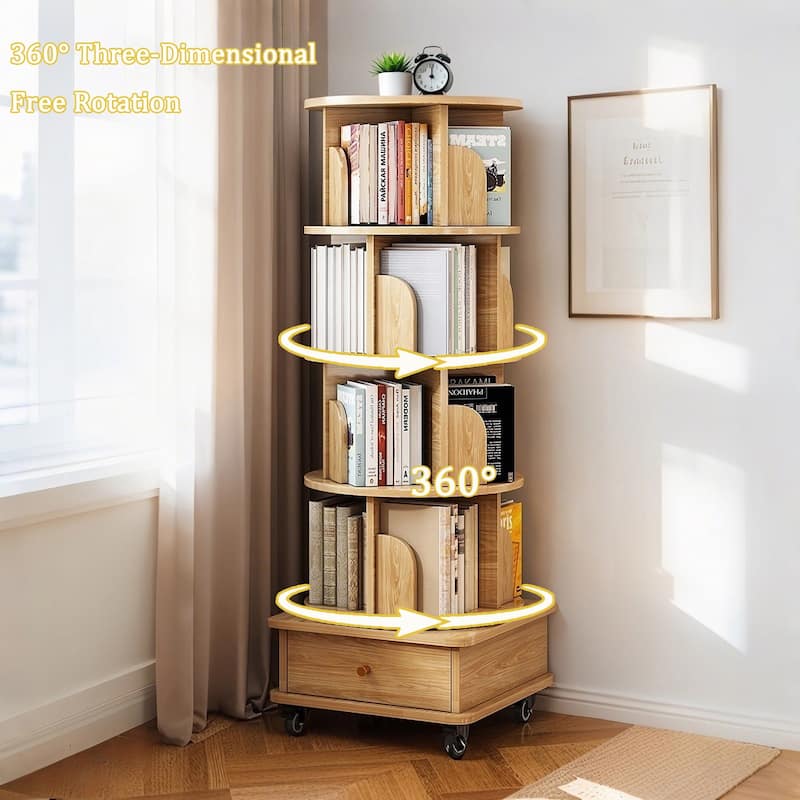 Anmytek 360 Rotating Corner Bookshelf with Wheels Space Saving Storage for Small Rooms