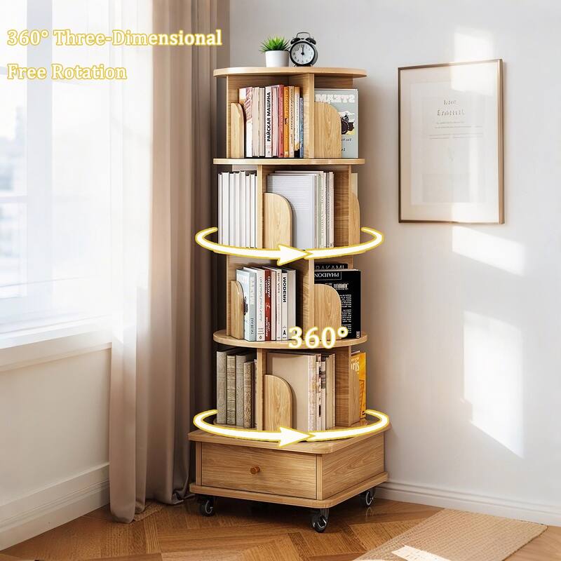 GDF Studio - Purling Modern 5-Tier Wood 360-Degree Rotating Bookshelf with Drawer Storage