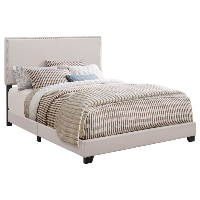 Upholstered King Bed - French Style Bed with Nailhead Accents - Ivory Fabric Bedroom Furniture