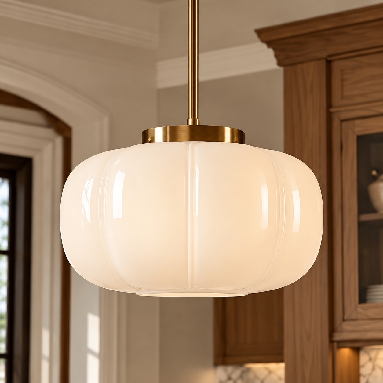 15" Modern Glam 1-Light Antique Brass Large Pendant Light with Opal White Glass Shade for Kitchen Island - 15