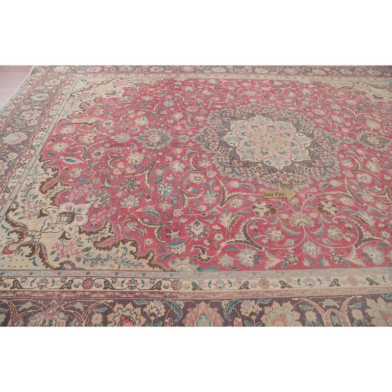 Hand Knotted Oriental 100% Wool Carpet Traditional Floral Pink Tabriz Area Rug - 12' 11'' X 9' 9''