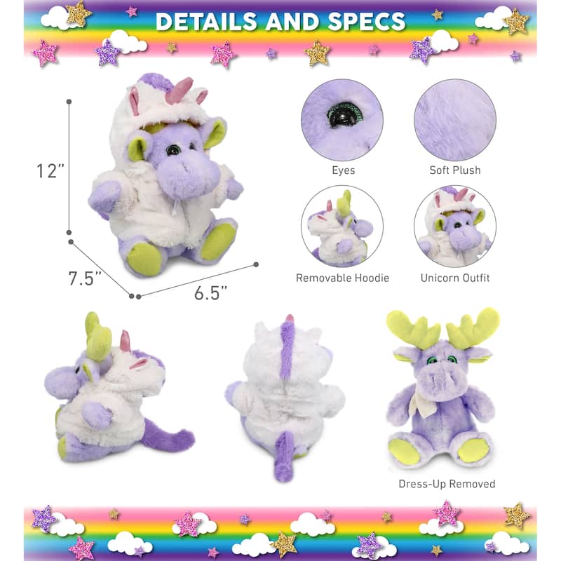 DolliBu Sitting Purple Moose Unicorn Plush Stuffed Animal with Scarf - 12 inches