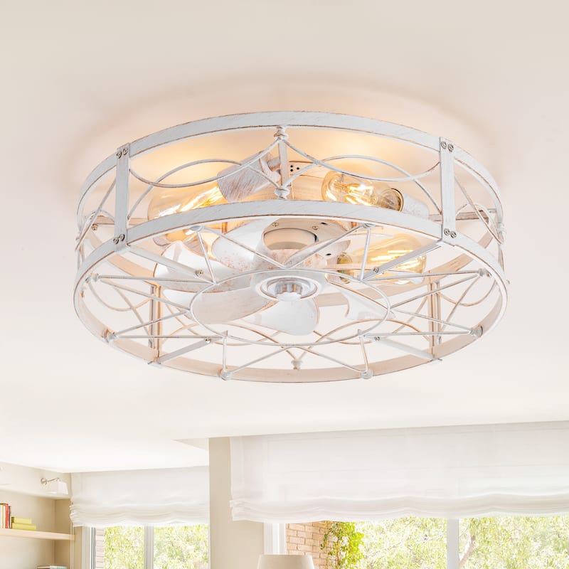20" 7-Blade Distressed White Flush Mount Caged Ceiling Fan with Light Remote