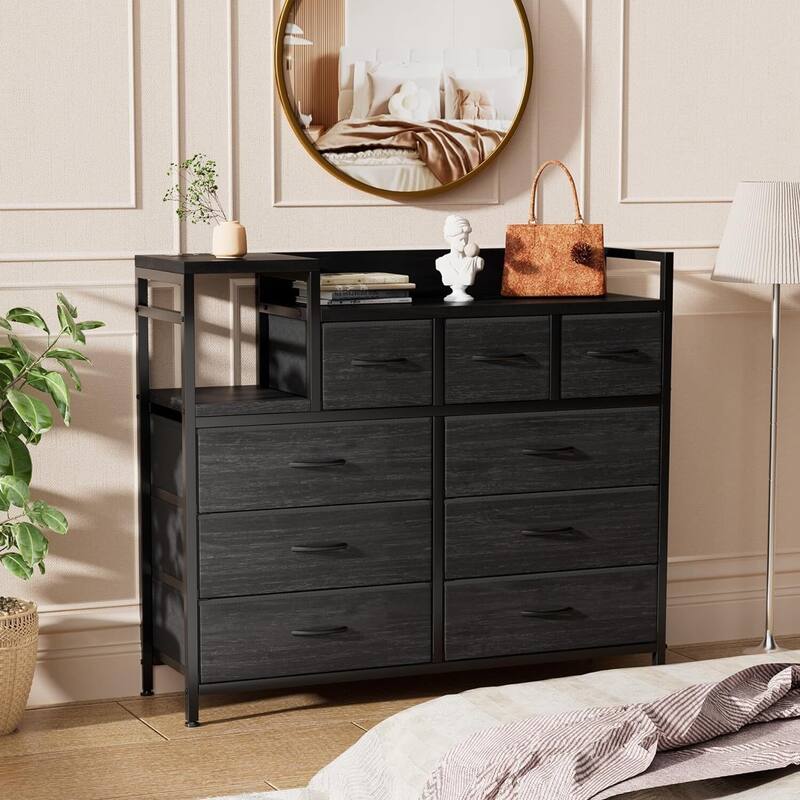 TV Stand with Power Outlet, Bedroom Dresser with 9 Drawers, - Black