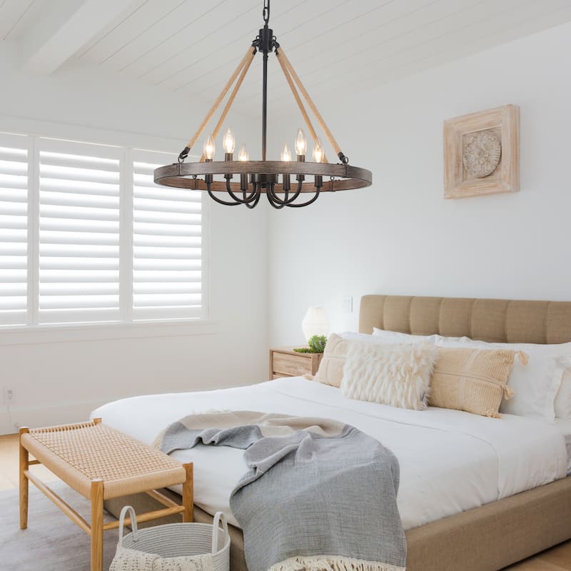 6 - Light Rustic Farmhouse Wagon Wheel Candle Style Chandelier for Living Room Bedroom Dinging Room