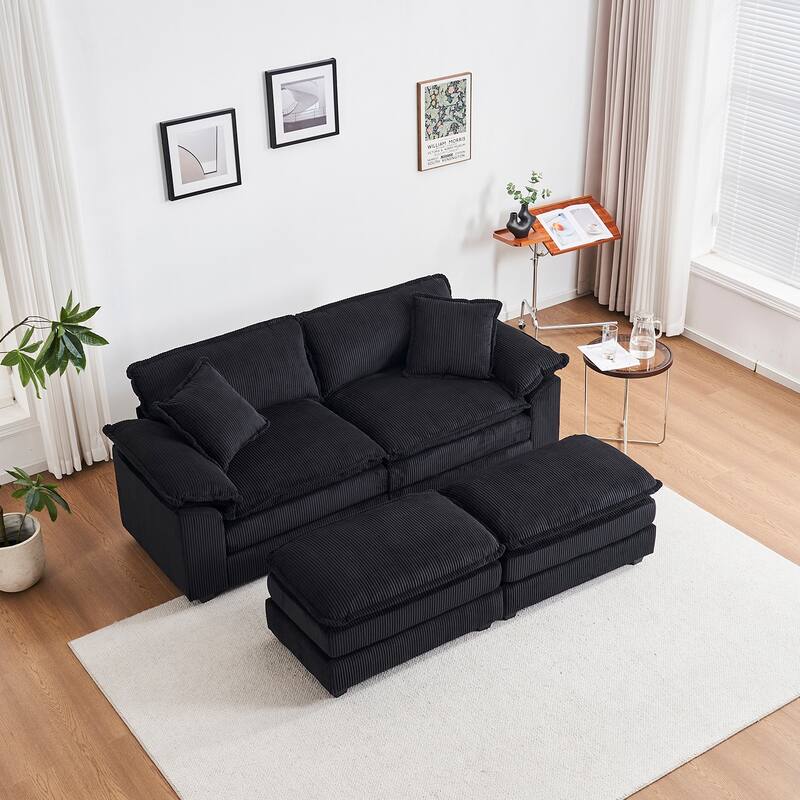 84.6" Corduroy 2-seats sofa With 2 back pillows,2 toss pillows and two ottoman