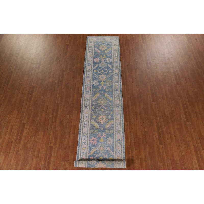 Vegetable Dye Floral Oushak Turkish Runner Rug Handmade Wool Carpet - 3'2"x 16'0"