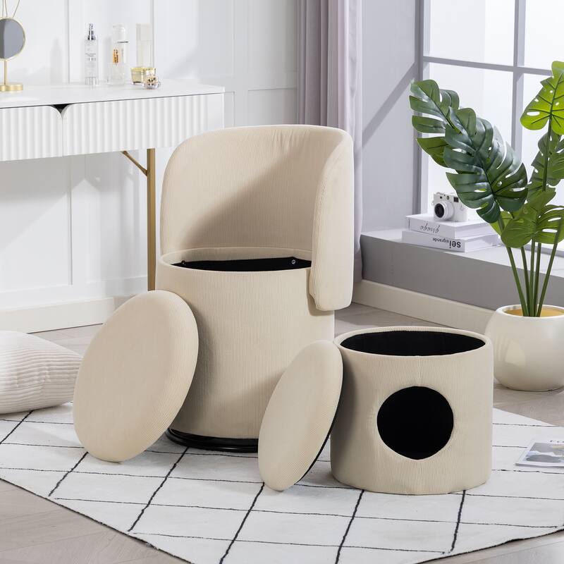 Stylish Upholstered Barrel Chair: 360°Swivel Vanity Stool for Bedroom & Dining Chair, Built-in Storage, Soft Padded Accent Seat