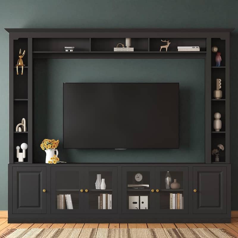 4-Piece Modern TV Stand and Wall Unit with Storage, Large 92 Inch Media Console with Cabinets & Display Shelves for 80 Inch TV - Black