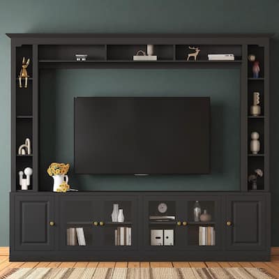 4-Piece Modern TV Stand and Wall Unit with Storage, Large 92 Inch Media Console with Cabinets & Display Shelves for 80 Inch TV