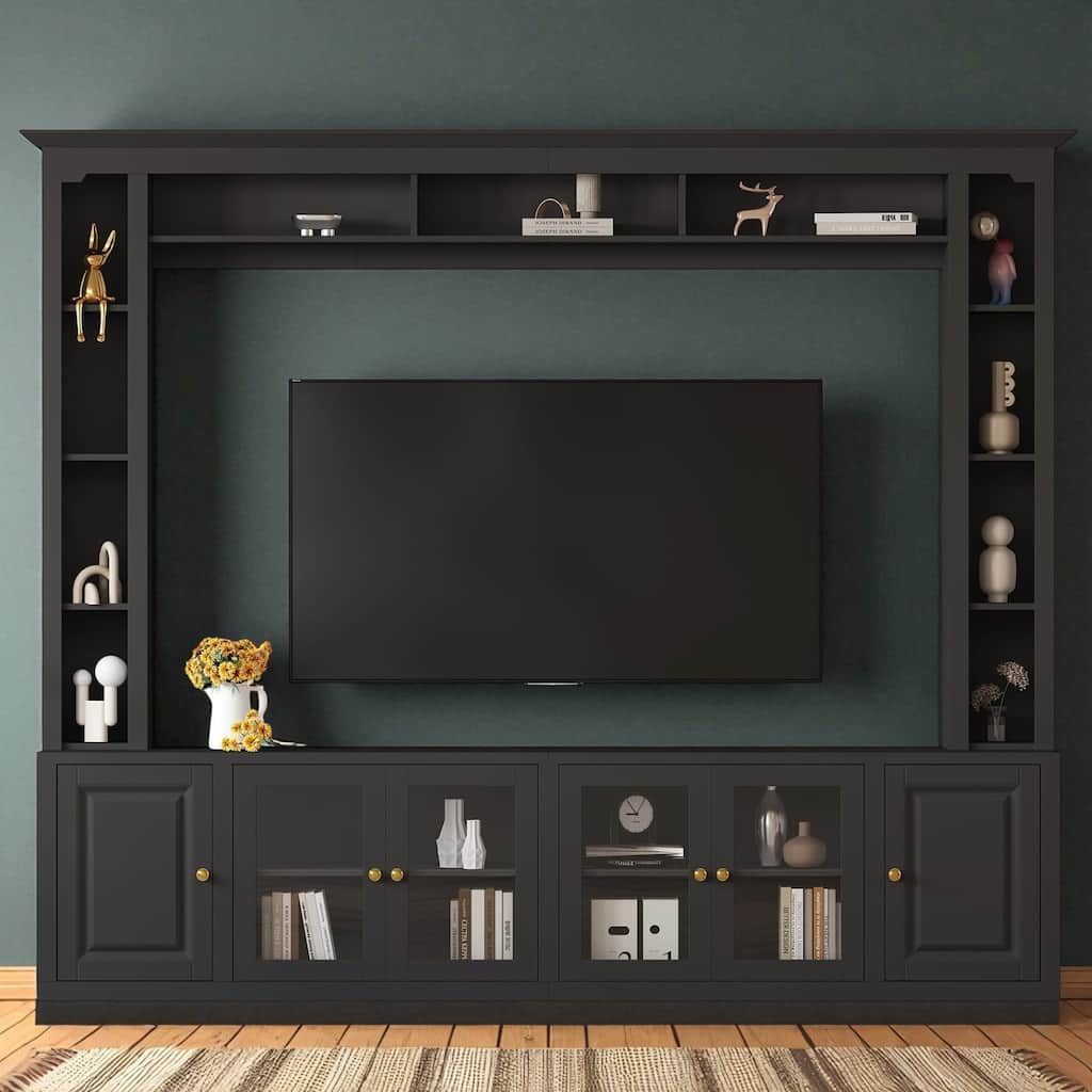 4-Piece Modern TV Stand and Wall Unit with Storage, Large 92 Inch Media Console with Cabinets & Display Shelves for 80 Inch TV