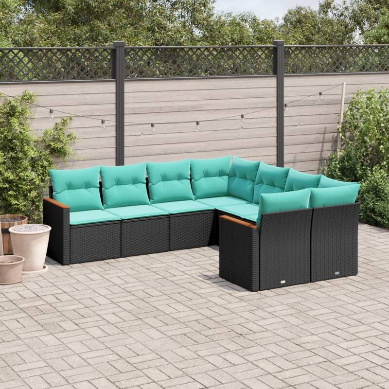 vidaXL 8 Piece Patio Sofa Set with Cushions Black Poly Rattan - 21.7x27.2x24.4