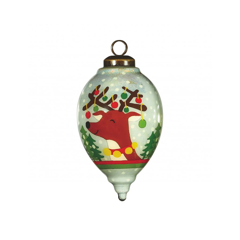Festive Glitter Reindeer with Lights Hand Painted Mouth Blown Glass Ornament - 4" x 2.5" x 2.5"