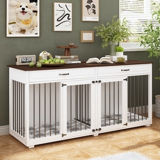 Picture of Elegant White Dog Crate with Dual Compartments and Storage Drawers ...