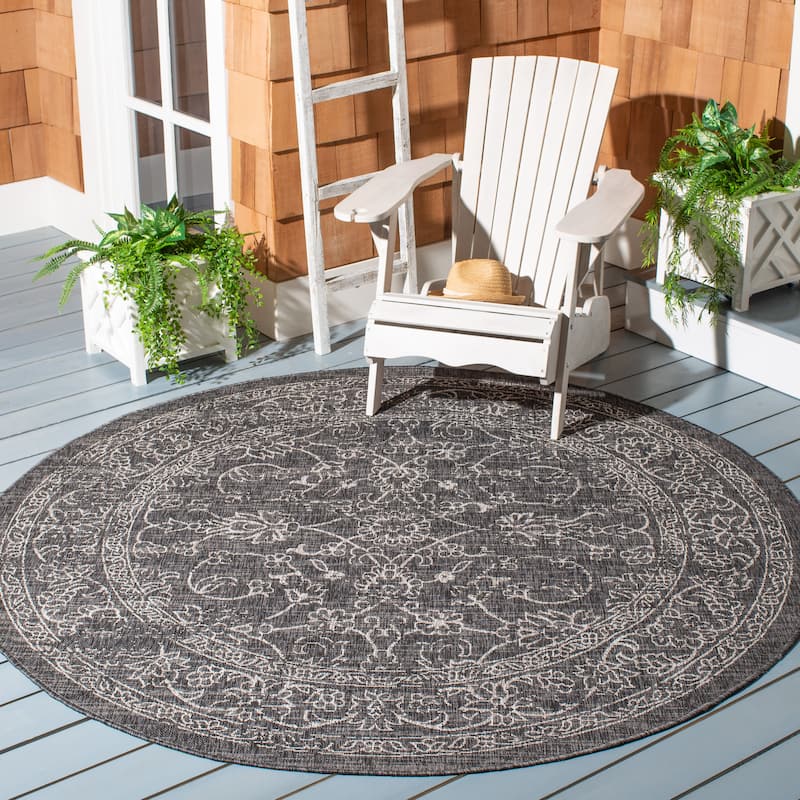 SAFAVIEH Courtyard Aquata Indoor/ Outdoor Waterproof Patio Backyard Rug - 6'7" Round - Black/Ivory