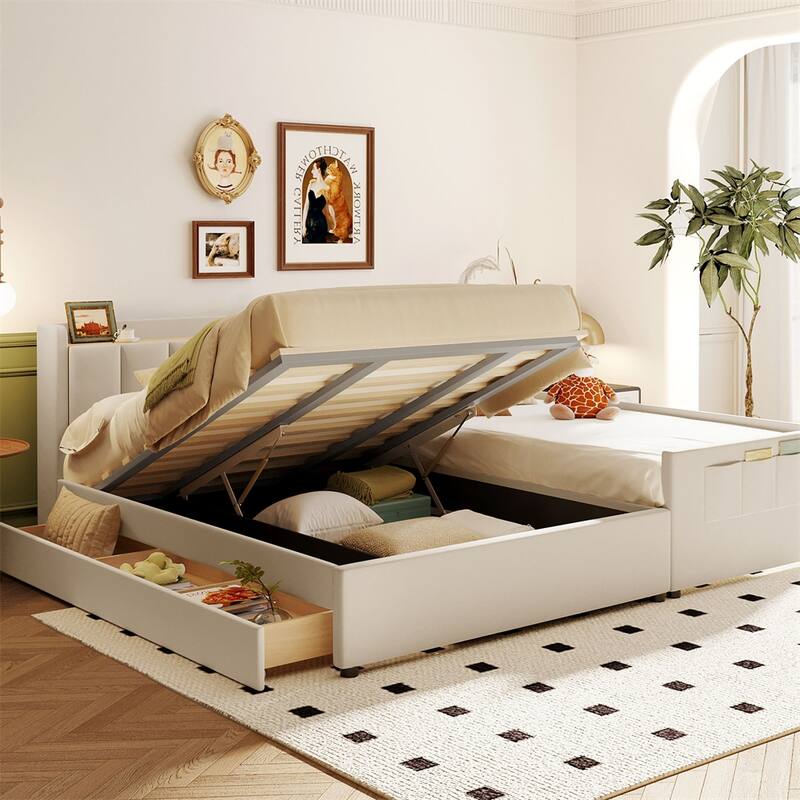 Queen Size Leather Upholstered Platform Bed with Drawer and Sockets