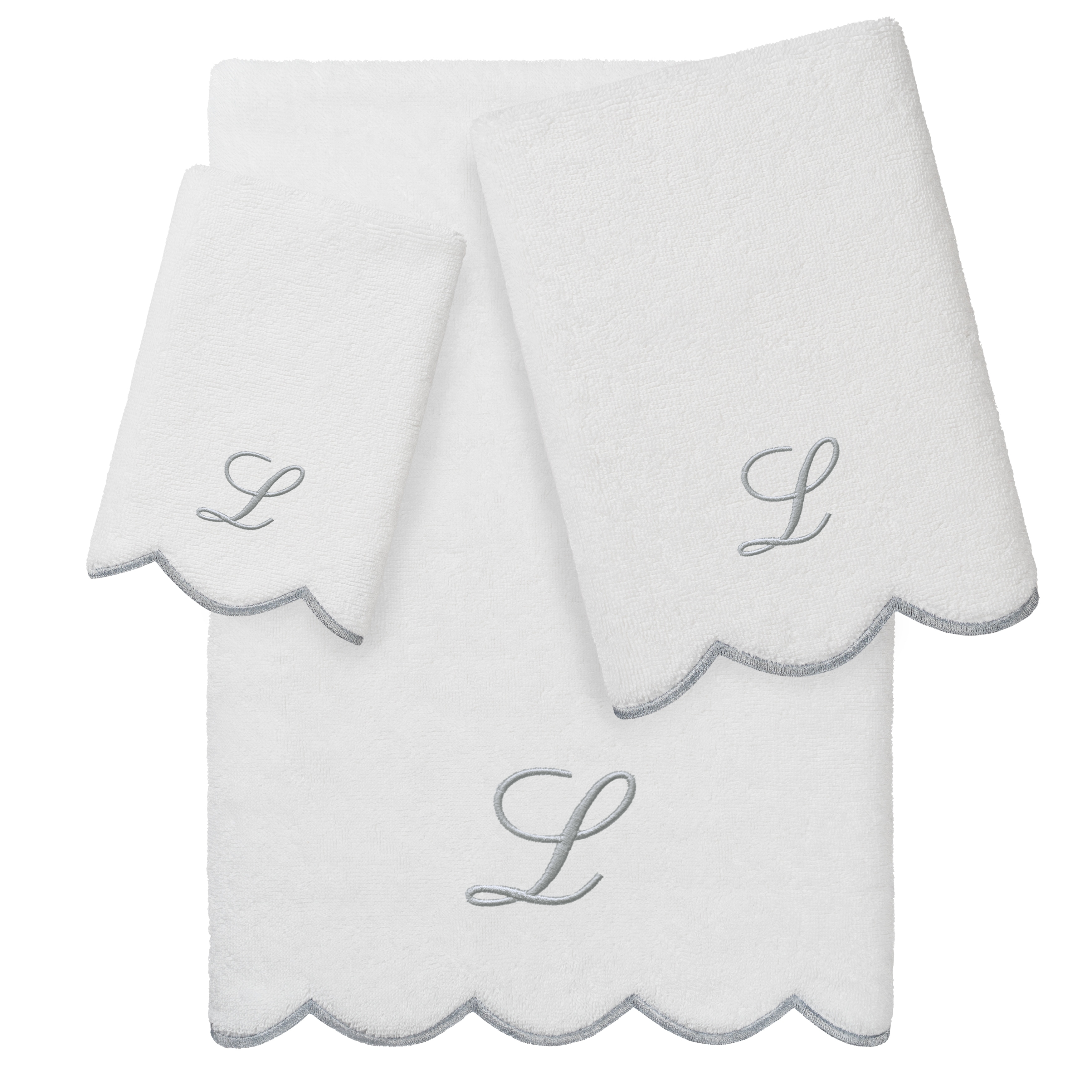 Authentic Hotel and Spa 100% Turkish Cotton Grey ADORNIA Scallop Personalized 3 Piece Towel Set - 3 Piece Set