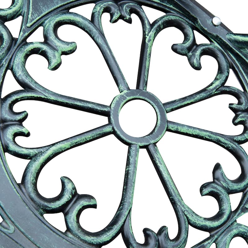 Cast Aluminum Two-Seat Outdoor Bench with Floral Rose Accent & Antique Finish, Green