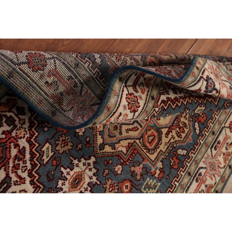 Blue Geometric Heriz Serapi Oriental Rug Hand-Knotted Wool Carpet - 4'0"x 6'1"