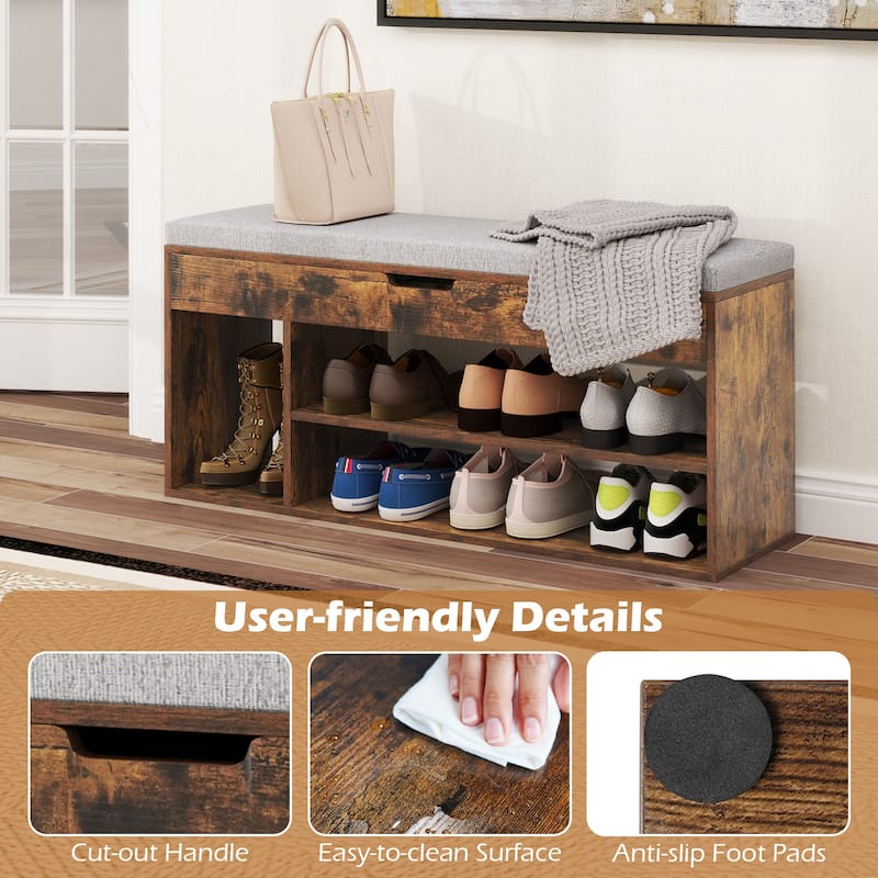 Engineered Wood Shoe Bench with Cushion and Storage Shelves - 41" x 12" x 20.5" (L x W x H)