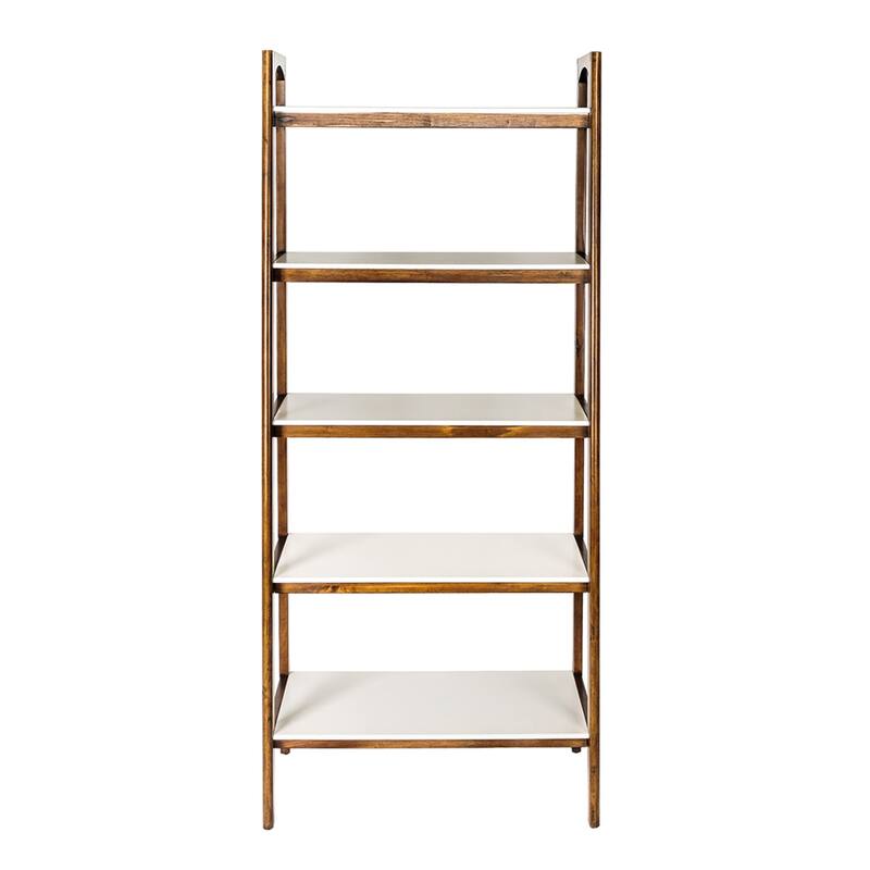 Roomfitters 5 Shelf Bookcase, Tall Narrow Open Shelf with Solid Wood Frame, Mid Century Display Shelf, Off-White