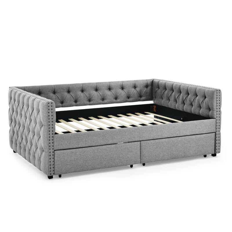 Full Size Daybed - Linen Upholstered Daybed with Storage,Button and Copper Nail