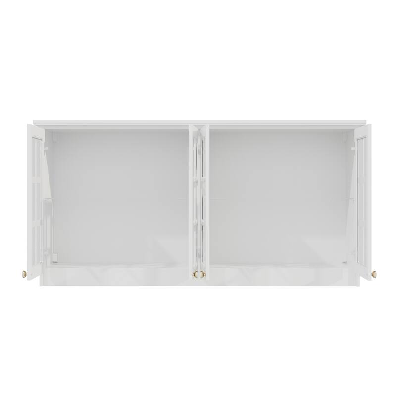 White Wall Cabinet with Glass Panel Doors, 4-Door Hanging Storage Unit for Kitchen, Coffee Bar, Laundry Bookshelves