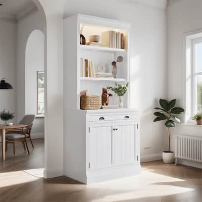 83.4"Tall Storage Bookshelf with LED Lighting, 2 Doors and 1 Drawer