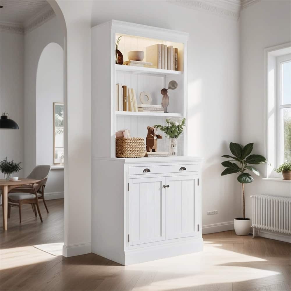83.4"Tall Storage Bookshelf with LED Lighting, 2 Doors and 1 Drawer