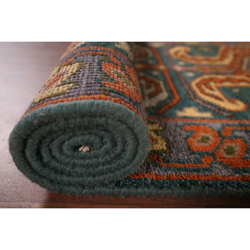 Green Geometric Kazak Indian Runner Rug Hand-Knotted Wool Carpet - 2'5"x 9'9"