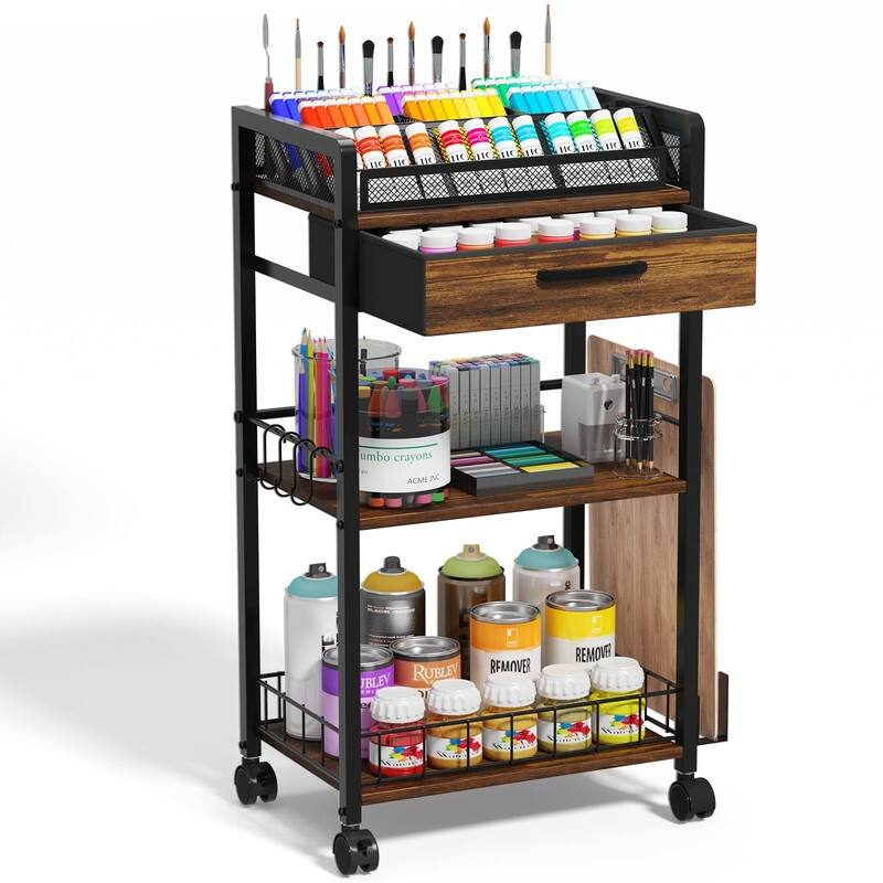 Metal Utility Cart with Storage Drawer and Wheels - 34.7"D x 9.3"W x 16.9"H