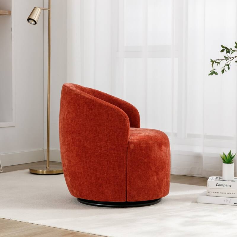 Chenille Fabric Swivel Accent Barrel Armchair with Coating Metal Ring