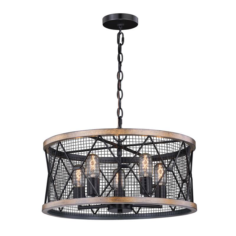 Bremerton 5 Light Black and Wood Cage Drum Chandelier - 20-in W x 11.5-in H x 20-in D