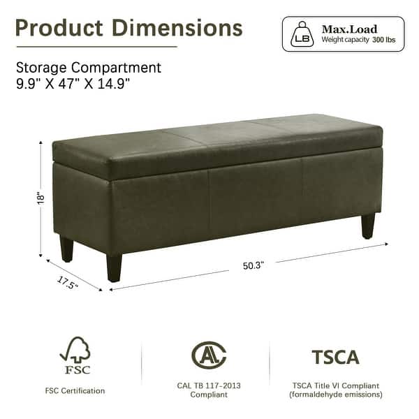 dimension image slide 1 of 7, 50.3" x 17.50" x 18" Upholstered Rectangular Storage Ottoman-Faux Leather