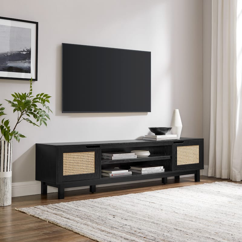70" Coastal TV Stand for 80-Inch TVs, Featuring Faux Rattan Doors, Open Shelves & Cord Management