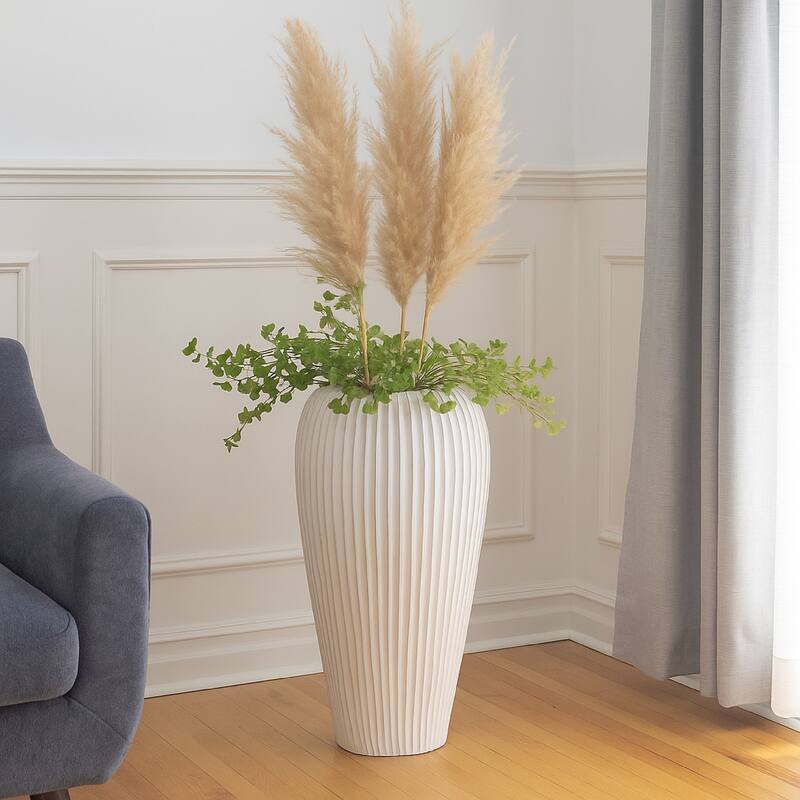 Nios Decorative Vase, Elongated Design, 26 Inch Weathered White Resin