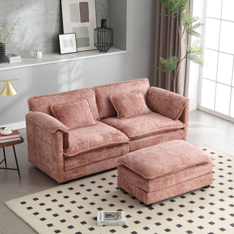 76'' Oversized Chenille Loveseat Sofa with Movable Ottoman Small Sofa for Apartment