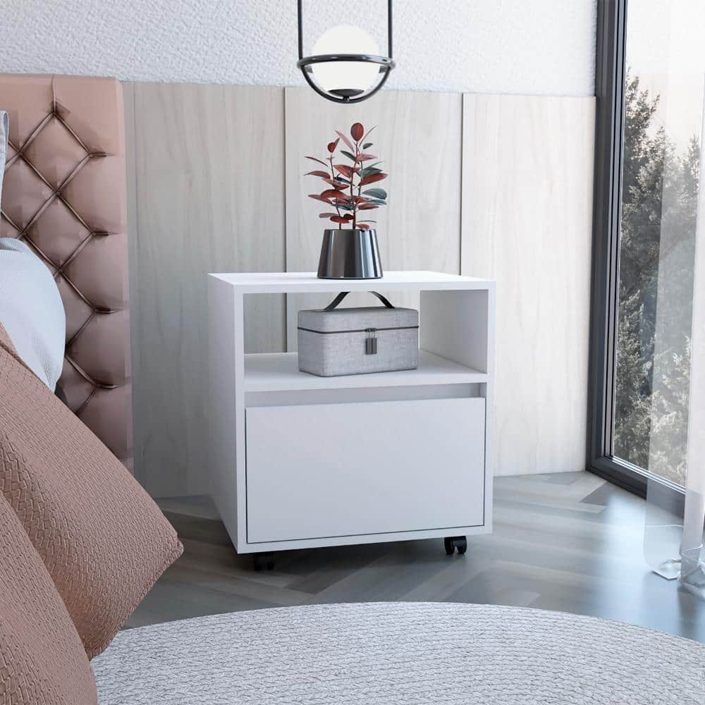 Modern White Nightstand with Drawer and Casters, Space-Saving Design for Bedroom or Living Room