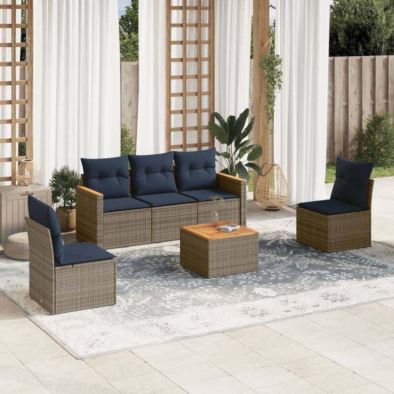 vidaXL Patio Sofa Set with Cushions Outdoor Conversation Furniture Poly Rattan - 21.7x 24.4x 27.2 - Grey and Blue-With table