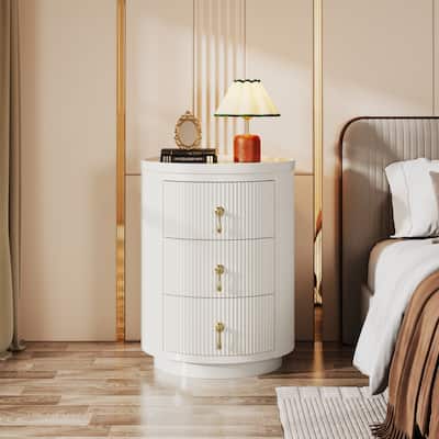 Modern Nightstand with 3 Drawers, No Assembly Round End Table Bedside Table for Bedroom, White
