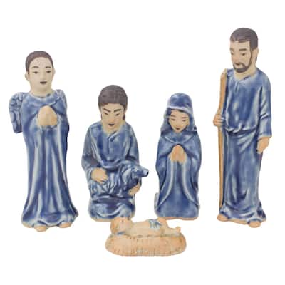 NOVICA Handmade Blessed Nativity In Blue Celadon Ceramic Nativity Scene (Set Of 5)